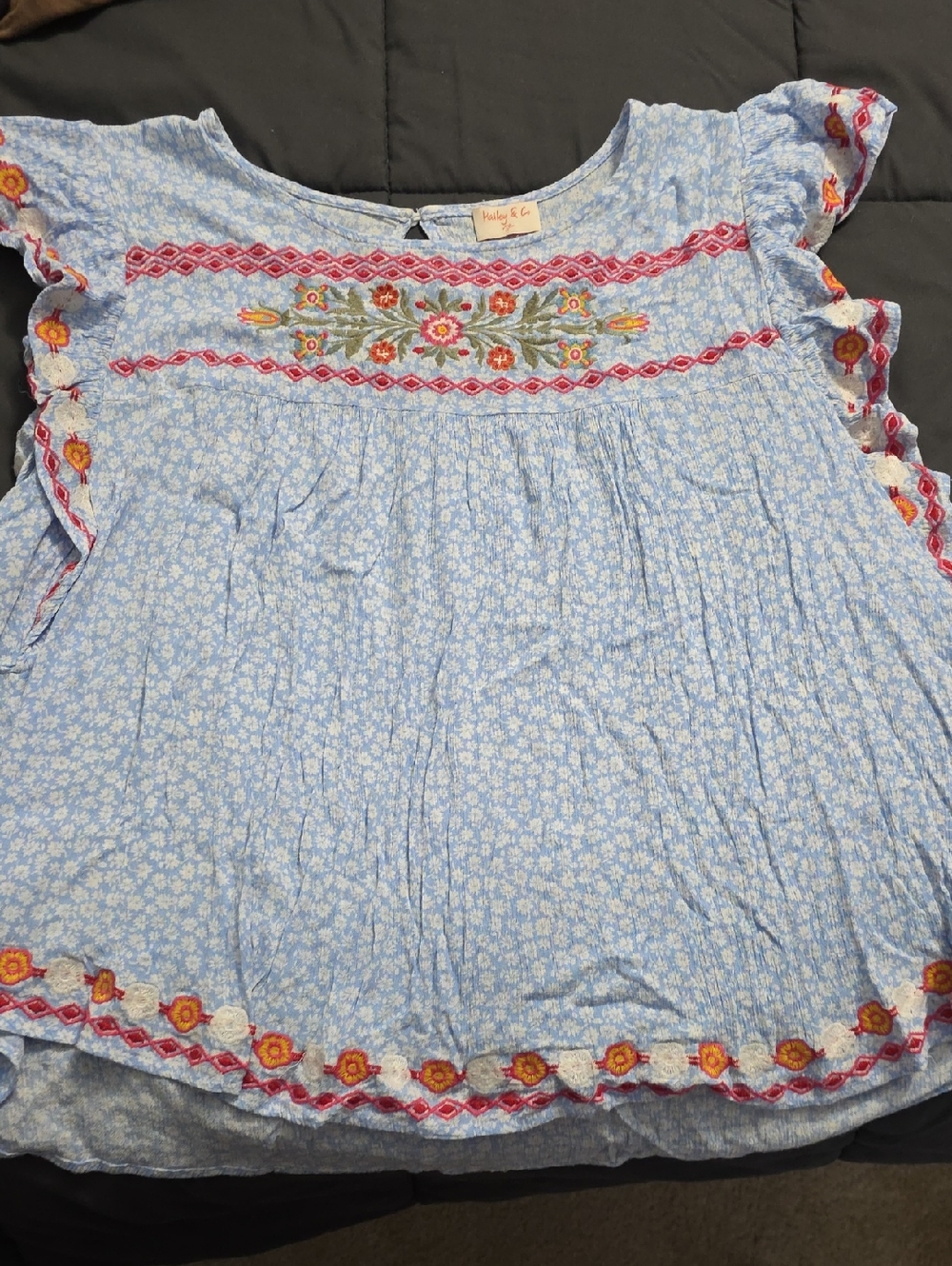 Womens Light Blue Embroidered Ruffle Sleeve 3XL
